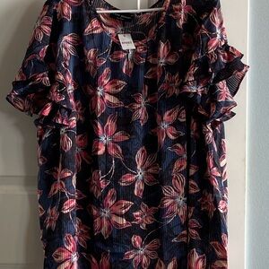 Lane Bryant Pink and Blue Flutter Sleeve Ruffled Blouse